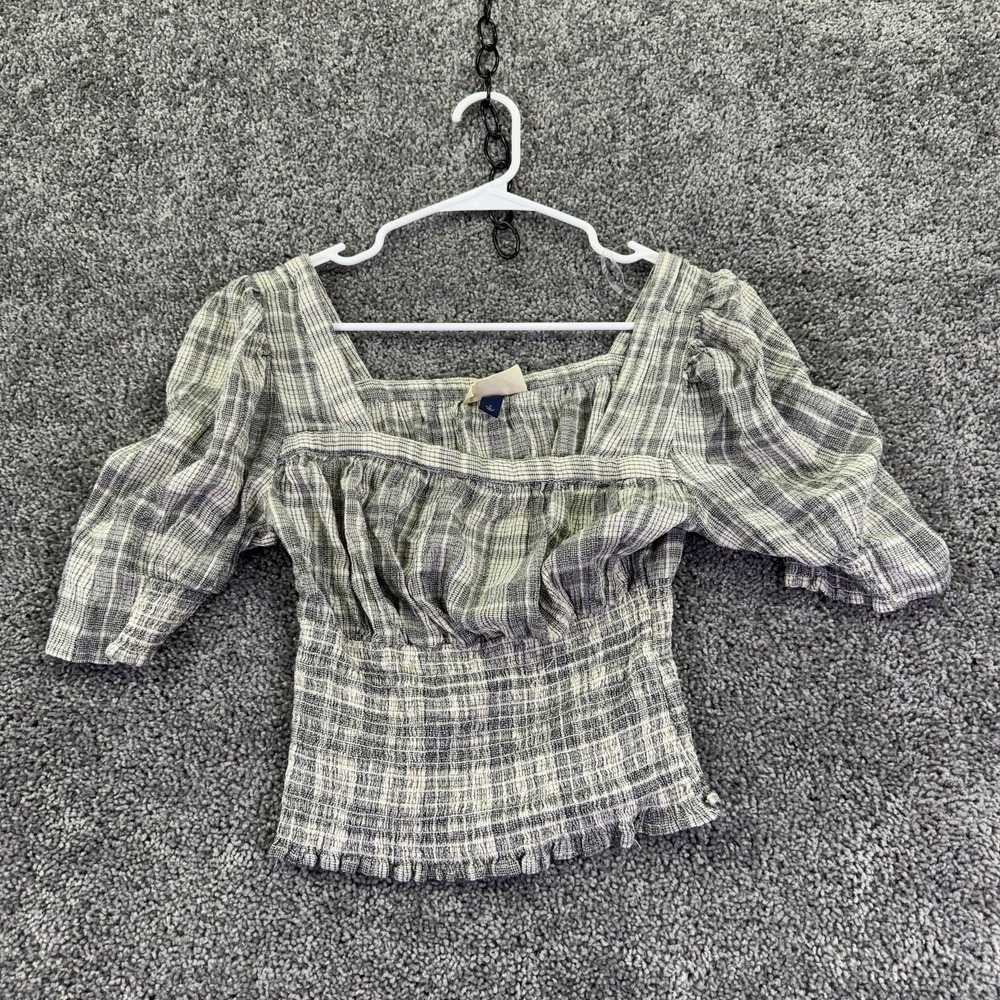 Universal Thread Top Womens S Plaid Smocked Puff Sleeve Cropped Blouse